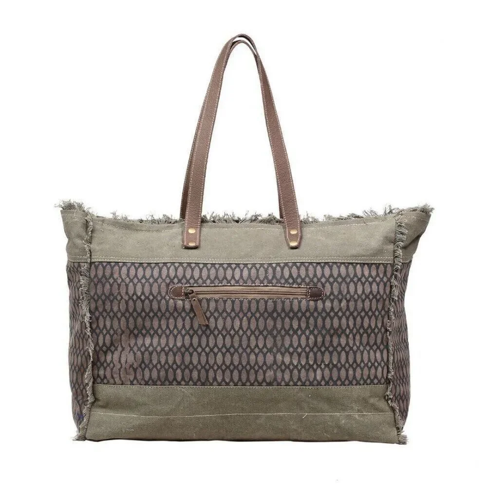 Myra Bag Handmade Honey Weekender Bag Upcycled Canvas & Cowhide Leather
